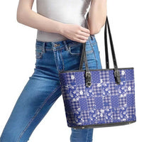 Blue Palaka Japanese Patterns Leather Tote Bag Koi Fish Asanoha Sakura Patchwork Stylized - Polynesian Pride