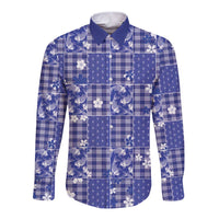 Blue Palaka Japanese Patterns Long Sleeve Button Shirt Koi Fish Asanoha Sakura Patchwork Stylized LT14 Unisex Blue - Polynesian Pride