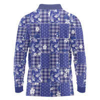 Blue Palaka Japanese Patterns Long Sleeve Polo Shirt Koi Fish Asanoha Sakura Patchwork Stylized LT14 - Polynesian Pride