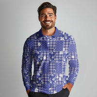 Blue Palaka Japanese Patterns Long Sleeve Polo Shirt Koi Fish Asanoha Sakura Patchwork Stylized LT14 - Polynesian Pride