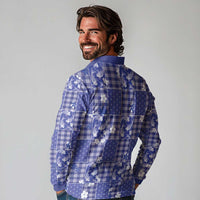 Blue Palaka Japanese Patterns Long Sleeve Polo Shirt Koi Fish Asanoha Sakura Patchwork Stylized LT14 - Polynesian Pride