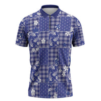 Blue Palaka Japanese Patterns Zipper Polo Shirt Koi Fish Asanoha Sakura Patchwork Stylized LT14 Blue - Polynesian Pride