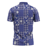 Blue Palaka Japanese Patterns Zipper Polo Shirt Koi Fish Asanoha Sakura Patchwork Stylized LT14 - Polynesian Pride