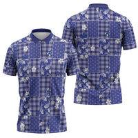 Blue Palaka Japanese Patterns Zipper Polo Shirt Koi Fish Asanoha Sakura Patchwork Stylized LT14 - Polynesian Pride