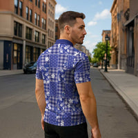 Blue Palaka Japanese Patterns Zipper Polo Shirt Koi Fish Asanoha Sakura Patchwork Stylized LT14 - Polynesian Pride