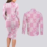 Pink Palaka Japanese Patterns Couples Matching Long Sleeve Bodycon Dress and Long Sleeve Button Shirt Koi Fish Asanoha Sakura Patchwork Stylized LT14 - Polynesian Pride