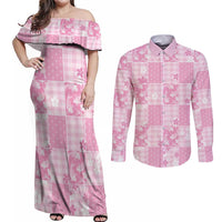Pink Palaka Japanese Patterns Couples Matching Off Shoulder Maxi Dress and Long Sleeve Button Shirt Koi Fish Asanoha Sakura Patchwork Stylized LT14 Pink - Polynesian Pride