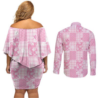 Pink Palaka Japanese Patterns Couples Matching Off Shoulder Short Dress and Long Sleeve Button Shirt Koi Fish Asanoha Sakura Patchwork Stylized LT14 - Polynesian Pride