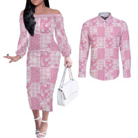 Pink Palaka Japanese Patterns Couples Matching Off The Shoulder Long Sleeve Dress and Long Sleeve Button Shirt Koi Fish Asanoha Sakura Patchwork Stylized LT14 Pink - Polynesian Pride