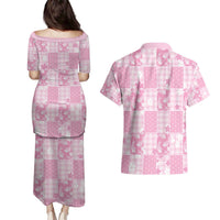 Pink Palaka Japanese Patterns Couples Matching Puletasi and Hawaiian Shirt Koi Fish Asanoha Sakura Patchwork Stylized LT14 - Polynesian Pride