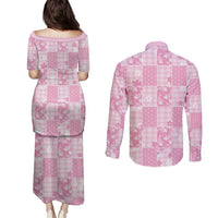 Pink Palaka Japanese Patterns Couples Matching Puletasi and Long Sleeve Button Shirt Koi Fish Asanoha Sakura Patchwork Stylized LT14 - Polynesian Pride