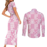 Pink Palaka Japanese Patterns Couples Matching Short Sleeve Bodycon Dress and Long Sleeve Button Shirt Koi Fish Asanoha Sakura Patchwork Stylized LT14 - Polynesian Pride