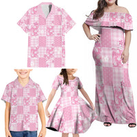 Pink Palaka Japanese Patterns Family Matching Off Shoulder Maxi Dress and Hawaiian Shirt Koi Fish Asanoha Sakura Patchwork Stylized - Polynesian Pride