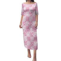 Pink Palaka Japanese Patterns Family Matching Puletasi and Hawaiian Shirt Koi Fish Asanoha Sakura Patchwork Stylized LT14 Mom's Dress Pink - Polynesian Pride