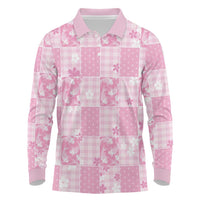 Pink Palaka Japanese Patterns Long Sleeve Polo Shirt Koi Fish Asanoha Sakura Patchwork Stylized LT14 Pink - Polynesian Pride