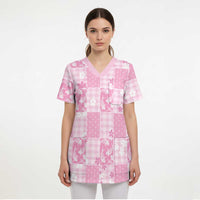 Pink Palaka Japanese Patterns Scrub Top Koi Fish Asanoha Sakura Patchwork Stylized - Polynesian Pride