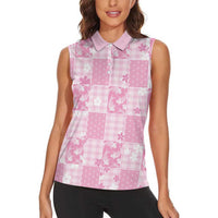 Pink Palaka Japanese Patterns Women Sleeveless Polo Shirt Koi Fish Asanoha Sakura Patchwork Stylized LT14 - Polynesian Pride