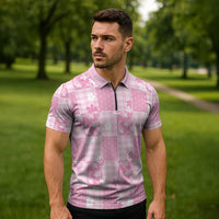 Pink Palaka Japanese Patterns Zipper Polo Shirt Koi Fish Asanoha Sakura Patchwork Stylized LT14 - Polynesian Pride