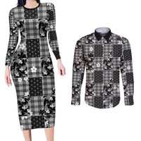 Black Palaka Japanese Patterns Couples Matching Long Sleeve Bodycon Dress and Long Sleeve Button Shirt Koi Fish Asanoha Sakura Patchwork Stylized LT14 Black - Polynesian Pride