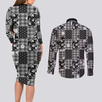Black Palaka Japanese Patterns Couples Matching Long Sleeve Bodycon Dress and Long Sleeve Button Shirt Koi Fish Asanoha Sakura Patchwork Stylized LT14 - Polynesian Pride