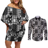 Black Palaka Japanese Patterns Couples Matching Off Shoulder Short Dress and Long Sleeve Button Shirt Koi Fish Asanoha Sakura Patchwork Stylized LT14 Black - Polynesian Pride