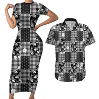 Black Palaka Japanese Patterns Couples Matching Short Sleeve Bodycon Dress and Hawaiian Shirt Koi Fish Asanoha Sakura Patchwork Stylized - Polynesian Pride