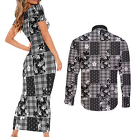Black Palaka Japanese Patterns Couples Matching Short Sleeve Bodycon Dress and Long Sleeve Button Shirt Koi Fish Asanoha Sakura Patchwork Stylized LT14 - Polynesian Pride