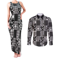 Black Palaka Japanese Patterns Couples Matching Tank Maxi Dress and Long Sleeve Button Shirt Koi Fish Asanoha Sakura Patchwork Stylized LT14 Black - Polynesian Pride