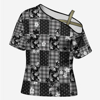 Black Palaka Japanese Patterns Cross Shoulder Shirt Koi Fish Asanoha Sakura Patchwork Stylized LT14 Female Black - Polynesian Pride