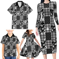 Black Palaka Japanese Patterns Family Matching Long Sleeve Bodycon Dress and Hawaiian Shirt Koi Fish Asanoha Sakura Patchwork Stylized - Polynesian Pride