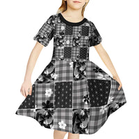 Black Palaka Japanese Patterns Kid Short Sleeve Dress Koi Fish Asanoha Sakura Patchwork Stylized - Polynesian Pride