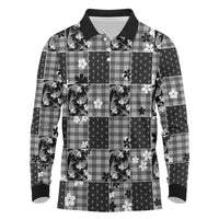 Black Palaka Japanese Patterns Long Sleeve Polo Shirt Koi Fish Asanoha Sakura Patchwork Stylized LT14 Black - Polynesian Pride