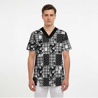 Black Palaka Japanese Patterns Scrub Top Koi Fish Asanoha Sakura Patchwork Stylized - Polynesian Pride