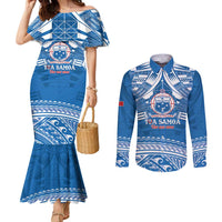 Toa Samoa Rugby Custom Couples Matching Mermaid Dress and Long Sleeve Button Shirt Uso aso uma Samoan Pattern Blue - Polynesian Pride