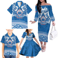Toa Samoa Rugby Custom Family Matching Off The Shoulder Long Sleeve Dress and Hawaiian Shirt Uso aso uma Samoan Pattern Blue - Polynesian Pride