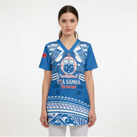 Toa Samoa Rugby Custom Scrub Top Uso aso uma Samoan Pattern Blue - Polynesian Pride