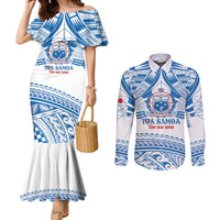 Toa Samoa Rugby Custom Couples Matching Mermaid Dress and Long Sleeve Button Shirt Uso aso uma Samoan Pattern White - Polynesian Pride