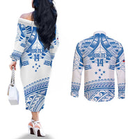 Toa Samoa Rugby Custom Couples Matching Off The Shoulder Long Sleeve Dress and Long Sleeve Button Shirt Uso aso uma Samoan Pattern White - Polynesian Pride