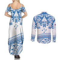 Toa Samoa Rugby Custom Couples Matching Summer Maxi Dress and Long Sleeve Button Shirt Uso aso uma Samoan Pattern White - Polynesian Pride