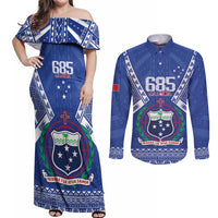 Personalised Samoa 685 Couples Matching Off Shoulder Maxi Dress and Long Sleeve Button Shirt Samoan Pride Coat Of Arms LT14 Blue - Polynesian Pride