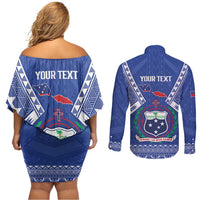 Personalised Samoa 685 Couples Matching Off Shoulder Short Dress and Long Sleeve Button Shirt Samoan Pride Coat Of Arms LT14 - Polynesian Pride