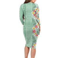 Menthol Green Aloha Hawaii Tiki Long Sleeve Bodycon Dress Tropical Plumeria - Seamless Style