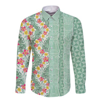 Menthol Green Aloha Hawaii Tiki Long Sleeve Button Shirt Tropical Plumeria - Seamless Style