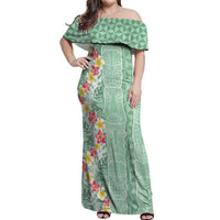 Menthol Green Aloha Hawaii Tiki Off Shoulder Maxi Dress Tropical Plumeria - Seamless Style LT14 Women Green - Polynesian Pride