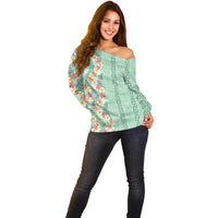 Menthol Green Aloha Hawaii Tiki Off Shoulder Sweater Tropical Plumeria - Seamless Style