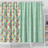 Menthol Green Aloha Hawaii Tiki Shower Curtain Tropical Plumeria - Seamless Style