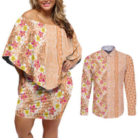 Orange Chiffon Aloha Hawaii Tiki Couples Matching Off Shoulder Short Dress and Long Sleeve Button Shirt Tropical Plumeria - Seamless Style LT14 Orange - Polynesian Pride