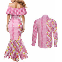 Pastel Magenta Aloha Hawaii Tiki Couples Matching Mermaid Dress and Long Sleeve Button Shirt Tropical Plumeria - Seamless Style