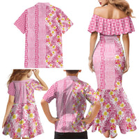 Pastel Magenta Aloha Hawaii Tiki Family Matching Mermaid Dress and Hawaiian Shirt Tropical Plumeria - Seamless Style