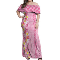 Pastel Magenta Aloha Hawaii Tiki Off Shoulder Maxi Dress Tropical Plumeria - Seamless Style LT14 Women Magenta - Polynesian Pride
